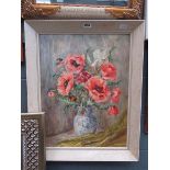 Oil on board Still life with red flowers