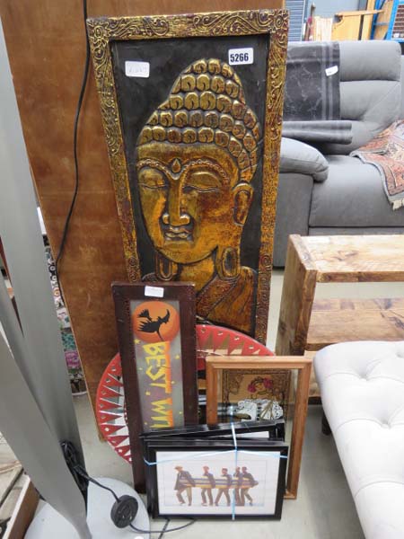 Wall plaque with figure of Buddha plus prints of The Beach Boys, a mucha mirror, plus one other