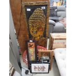 Wall plaque with figure of Buddha plus prints of The Beach Boys, a mucha mirror, plus one other