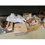 6 boxes and a bag containing: roller skates, ornamental figures, coppereware, pewterware, sporting
