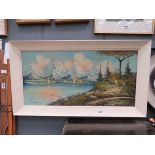 (2) Modern oil on canvas, snowy mountains, sailing boats and lake