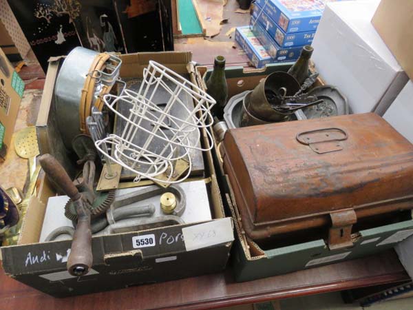 2 boxes containing: small tin trunk, pewterware, petty cash box, tools and tin pans