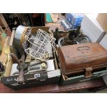 2 boxes containing: small tin trunk, pewterware, petty cash box, tools and tin pans