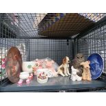 Cage containing: Wade piggy banks, ornamental dog figures, collector's plates and a Thelwell