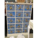 Painted 15 drawer storage cabinet in blue and ivory