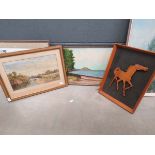 Cut out figure of a horse, watercolour with fisherman and an oil on card Coastal scene