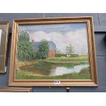 (11) Modern oil on canvas, farm pond with bard and cattle