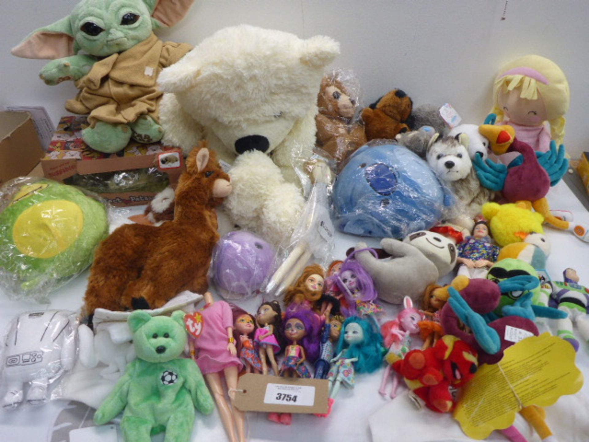 Selection of soft cuddly toys including TY, Huggable Petz, dolls etc