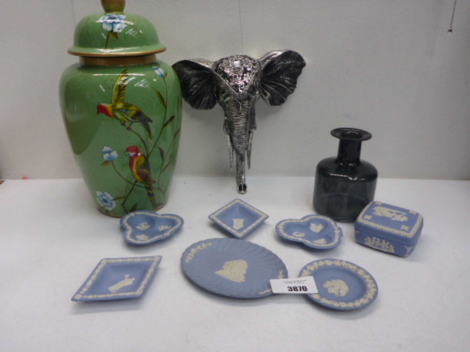 Wedgwood trinket dishes, The Wild One parrot decorated lidded vase and elephant head wall plaque