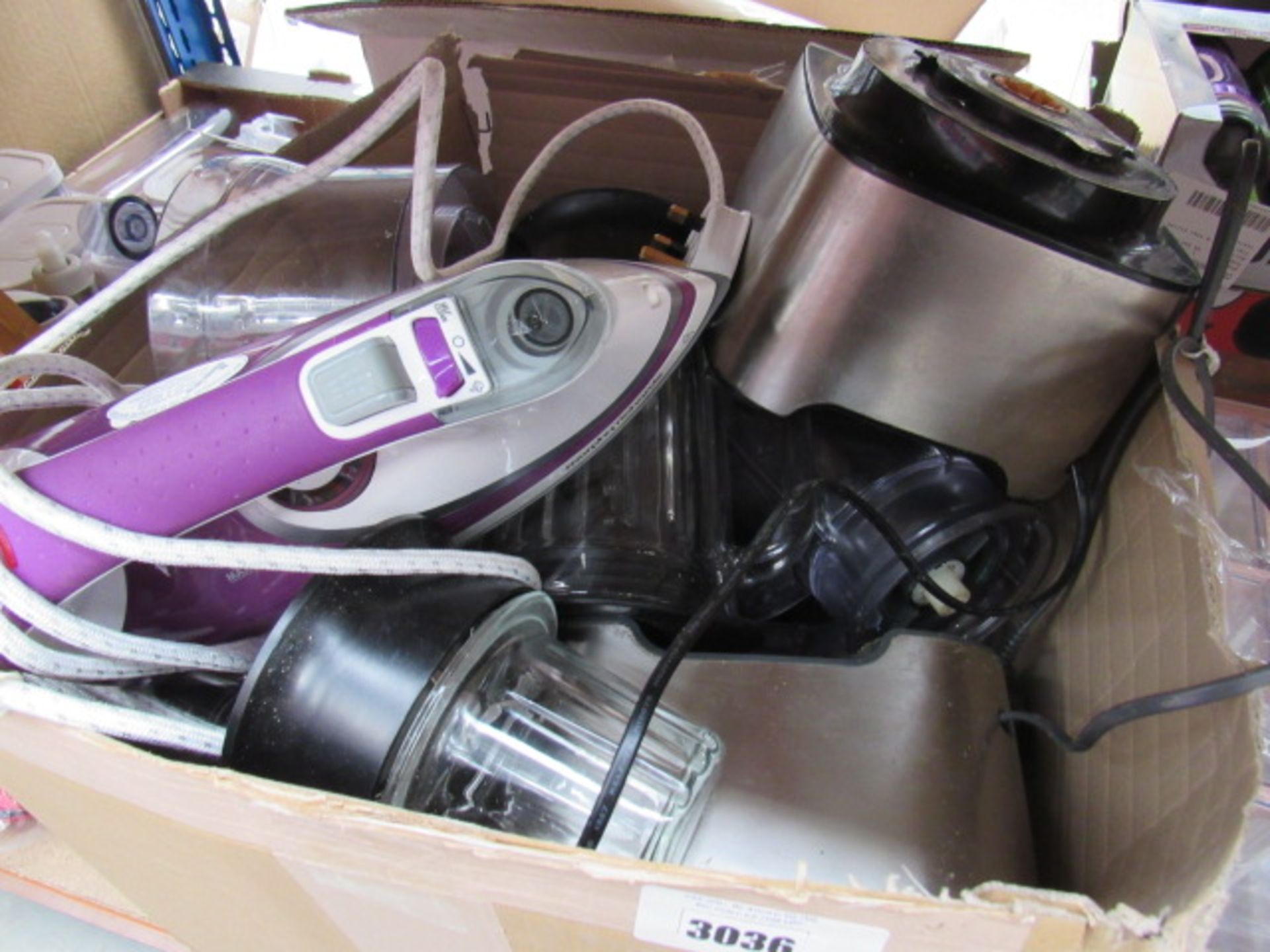 Box containing assorted kitchenware including Kenwood food processors, an iron, etc