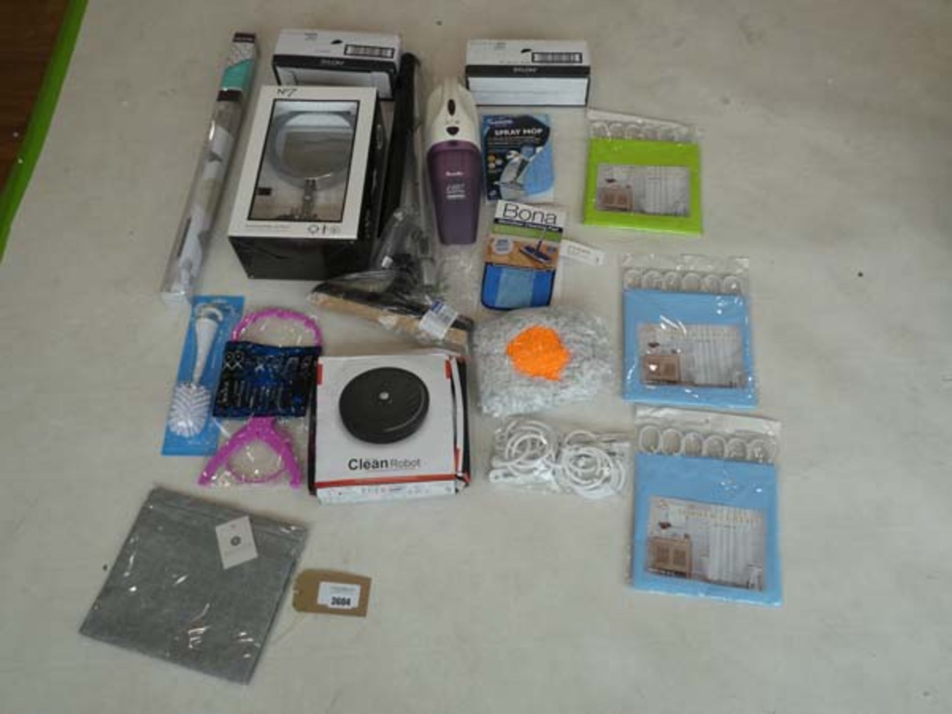 3604 Selection of household items including shower curtains, makeup mirror, vacuum parts and