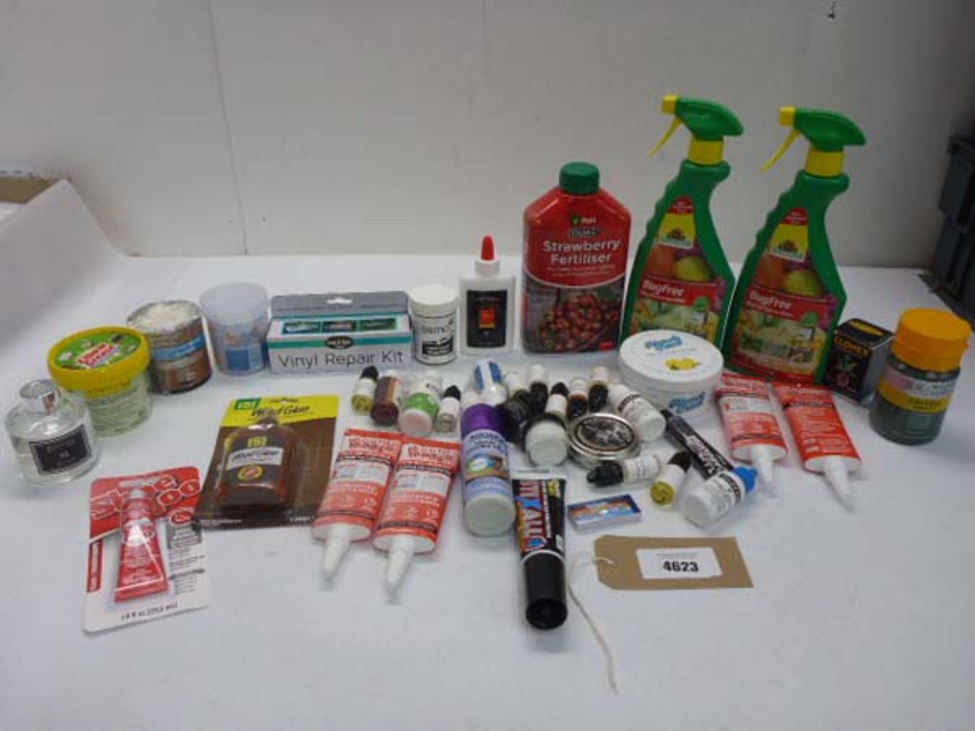 Bug Free spray, plant feed, Vinyl repair kit, wood glue, acrylic paint, fragrance oils, wood varnish