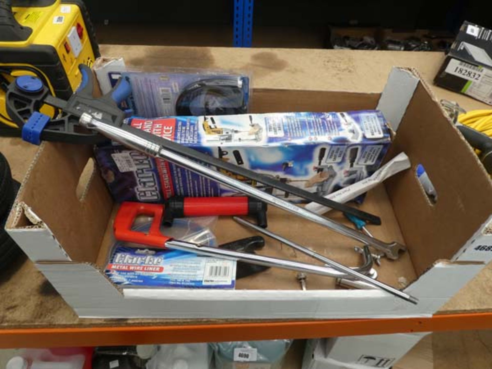 Box containing drill stand, clamp, various broken tools