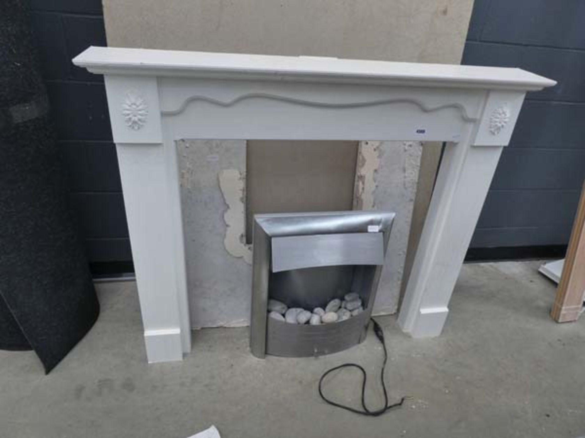 Wooden fire surround, electric fire and fire back