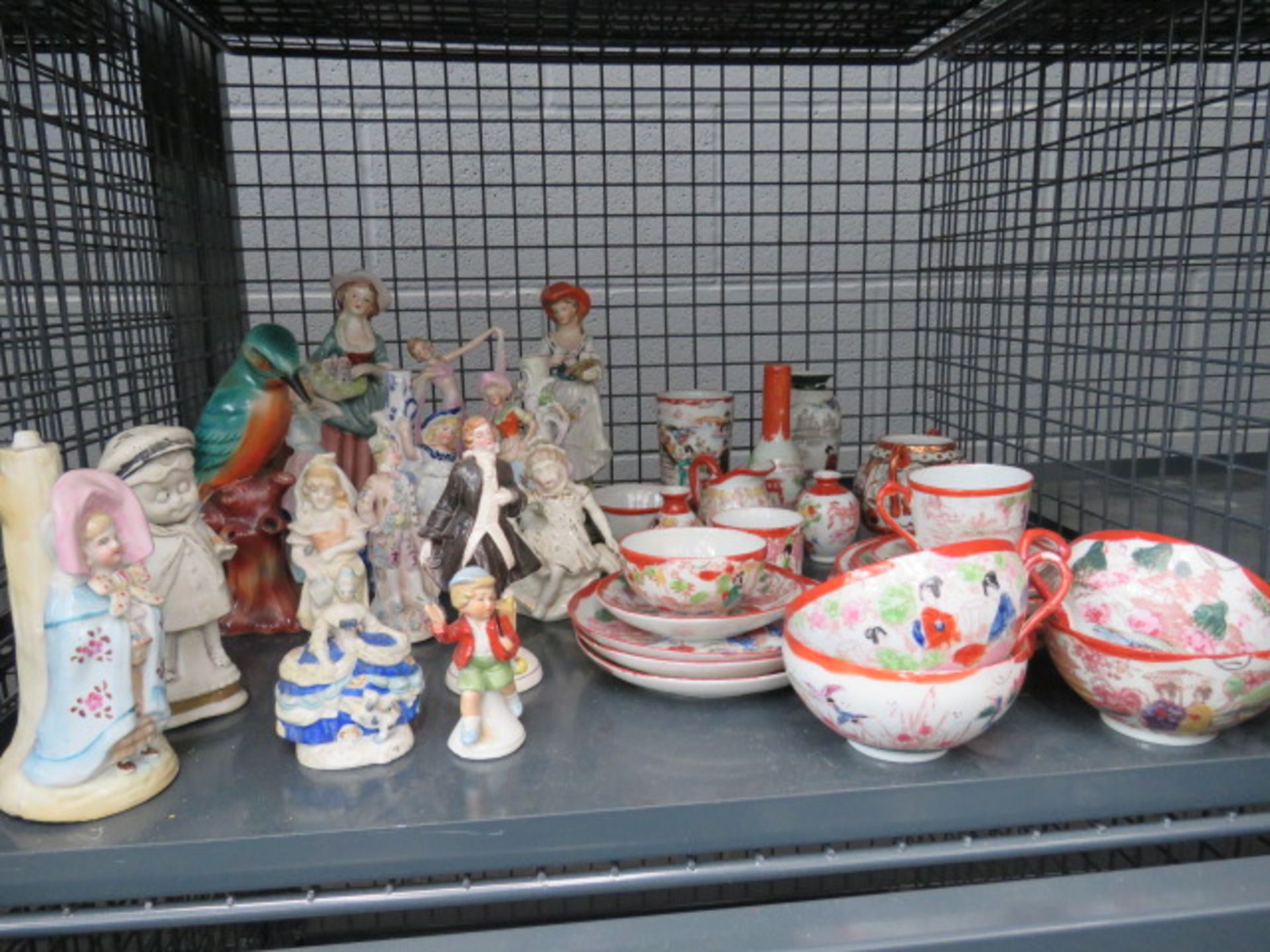 Cage containing Japanese cups and saucers plus other Oriental vases and ornamental figures