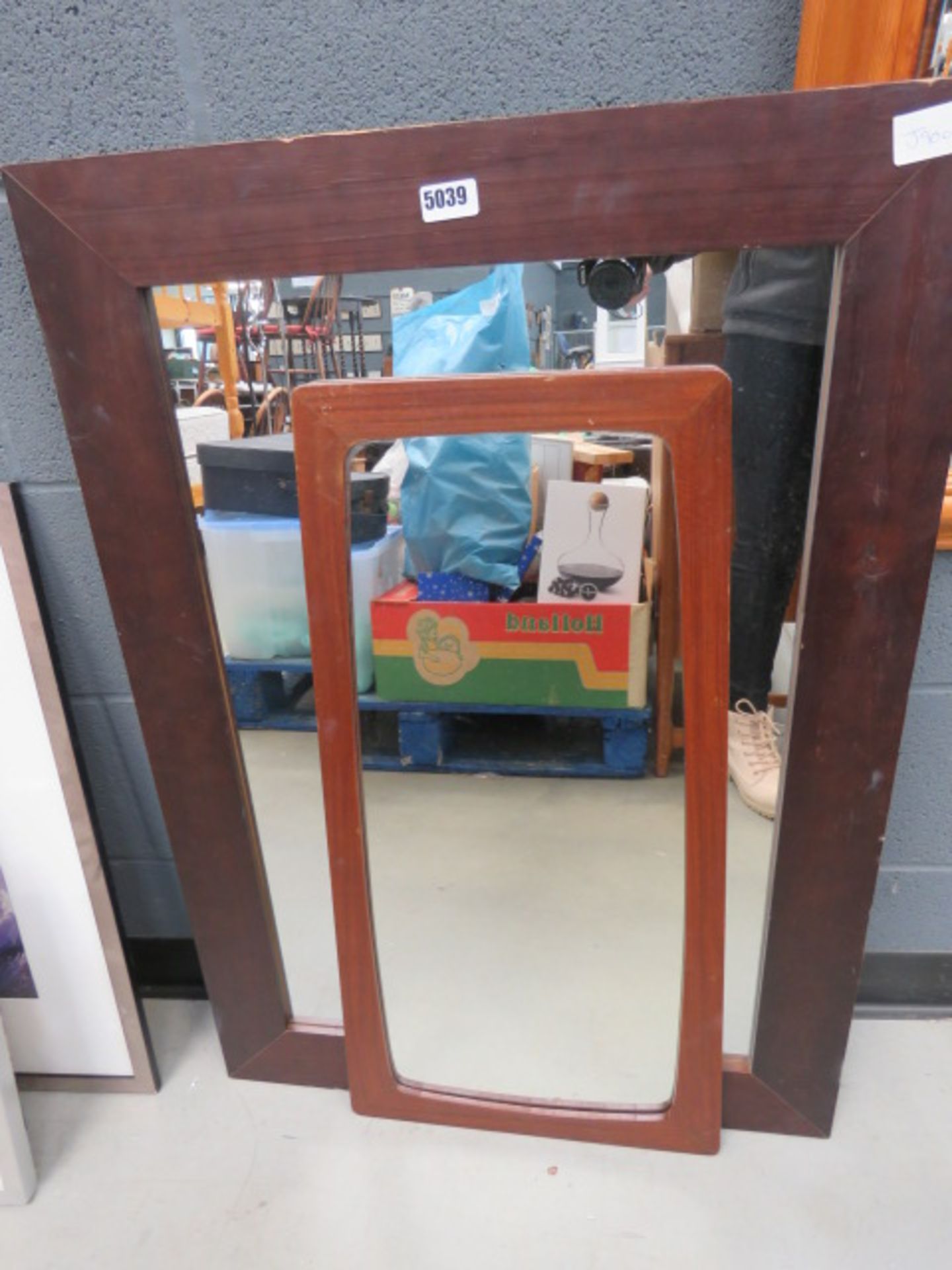 Mirror in teak frame, plus rectangular mirror in stained pine frame