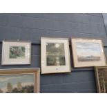 3 framed and glazed watercolours: dovecote, lake with trees, landscape with cottage