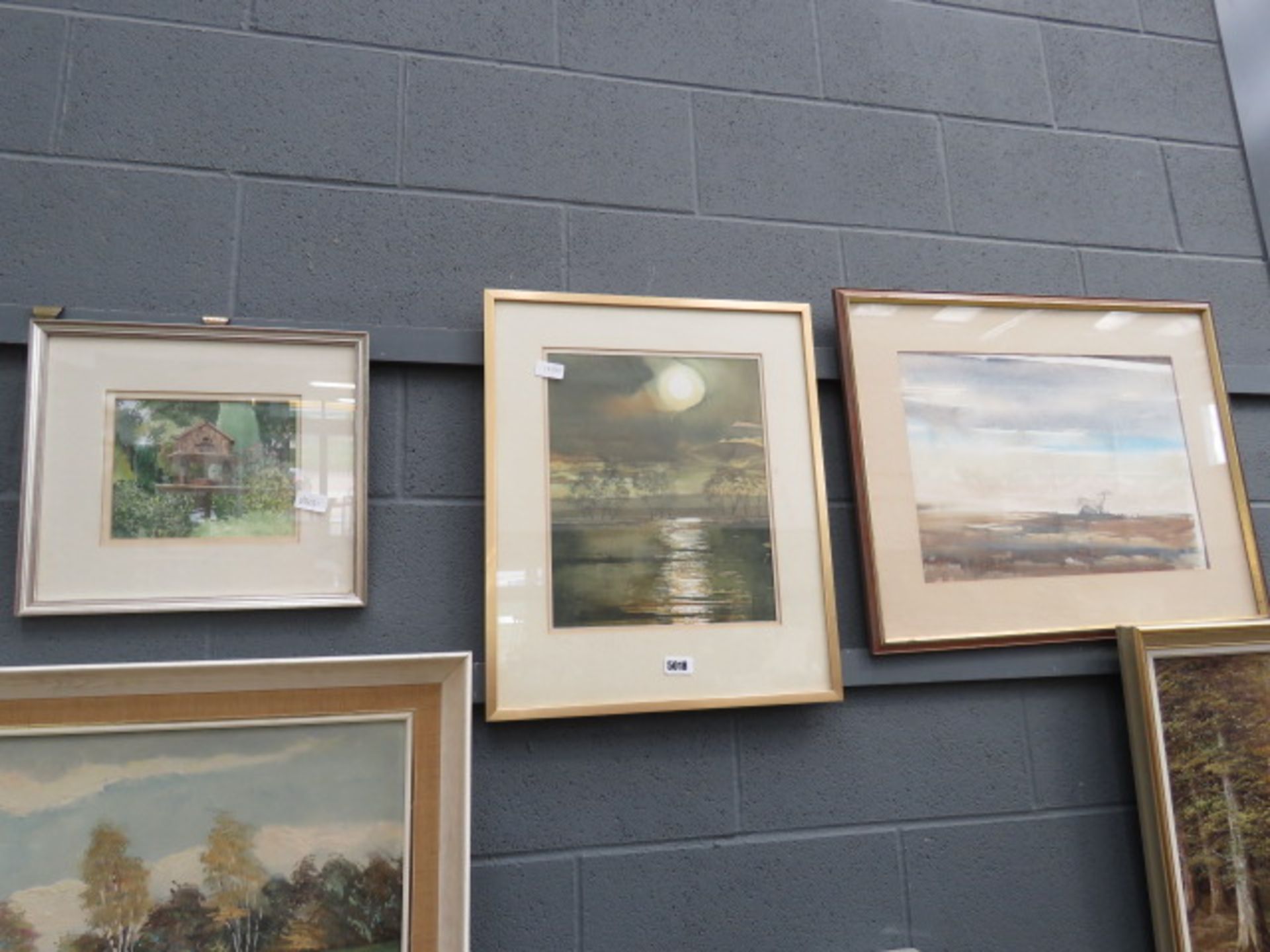 3 framed and glazed watercolours: dovecote, lake with trees, landscape with cottage