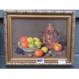 Print: still life with fruit and copper kettle