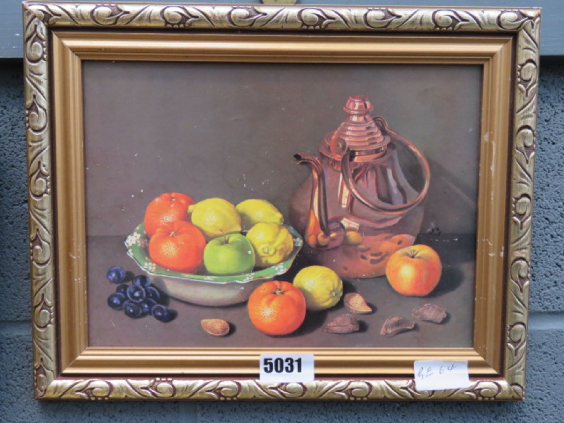 Print: still life with fruit and copper kettle