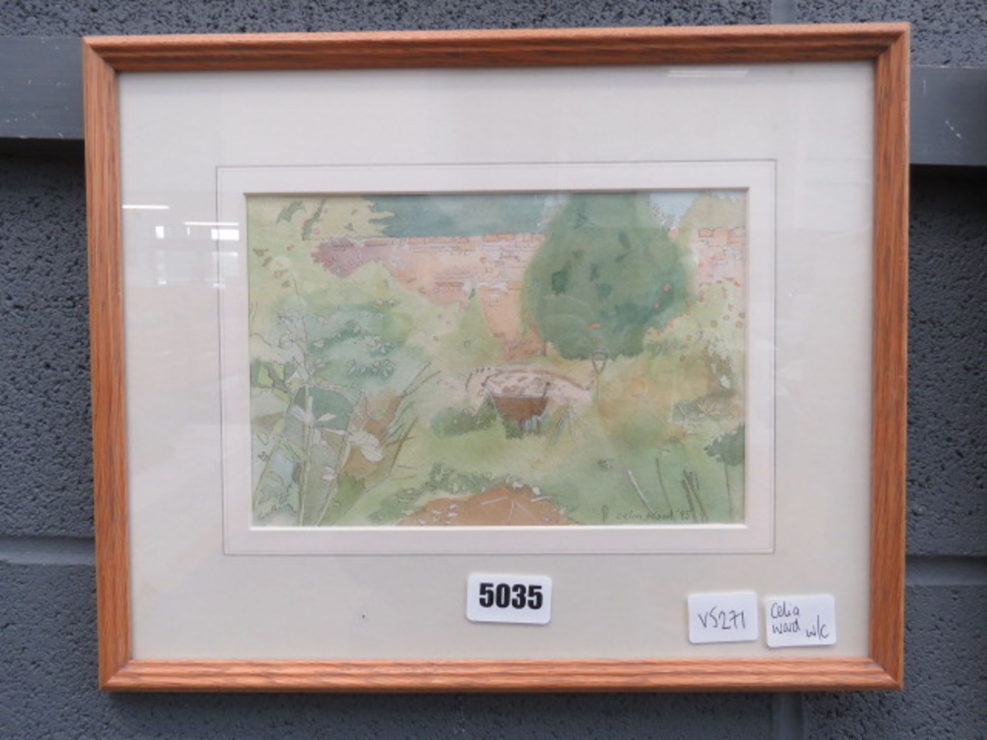 Celia Ward watercolour: garden with wheelbarrow