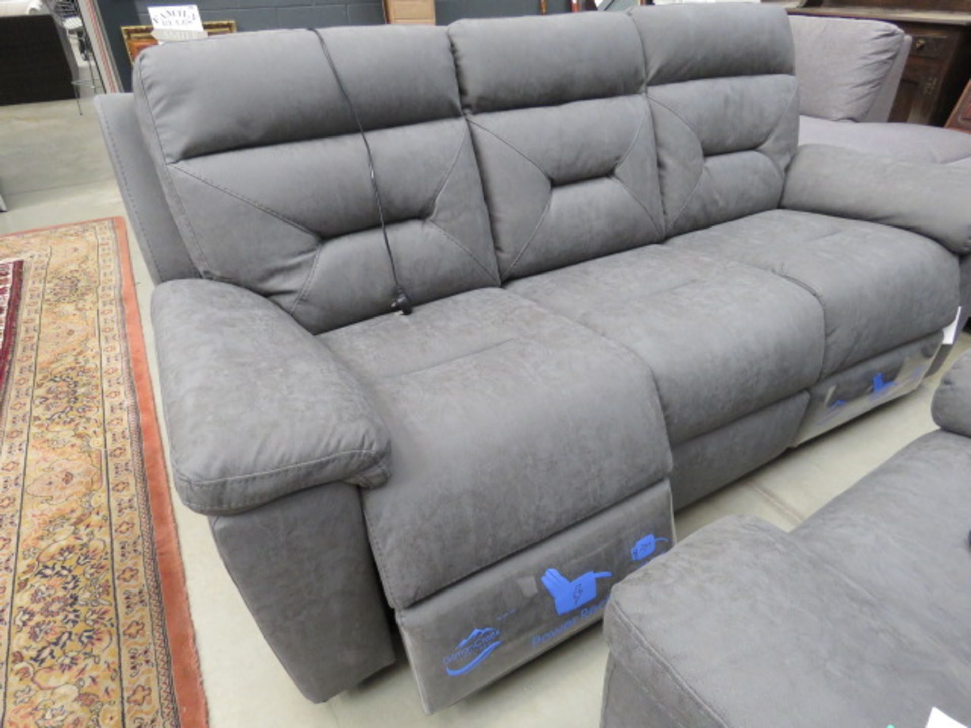 Grey suede effect electric reclining 3 seater sofa, plus pair of matching armchairs - Image 2 of 2