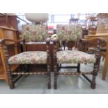 Pair of floral upholstered bobbin turned oak armchairs Frames solid, upholstery good