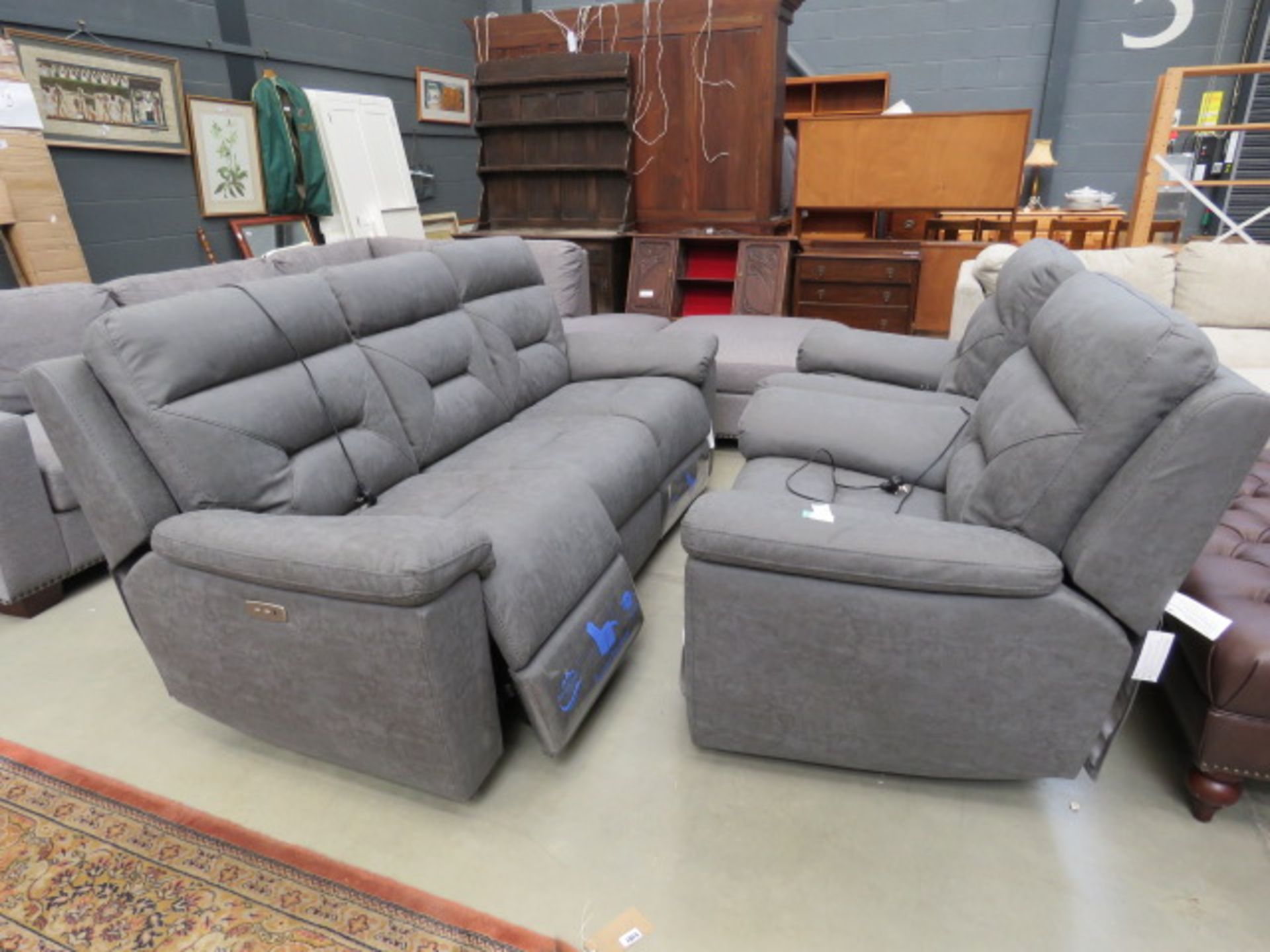 Grey suede effect electric reclining 3 seater sofa, plus pair of matching armchairs
