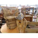 Wicker chair, bent cane magazine rack, wooden basket, and bamboo/wicker 3 tier stand Wicker frayed