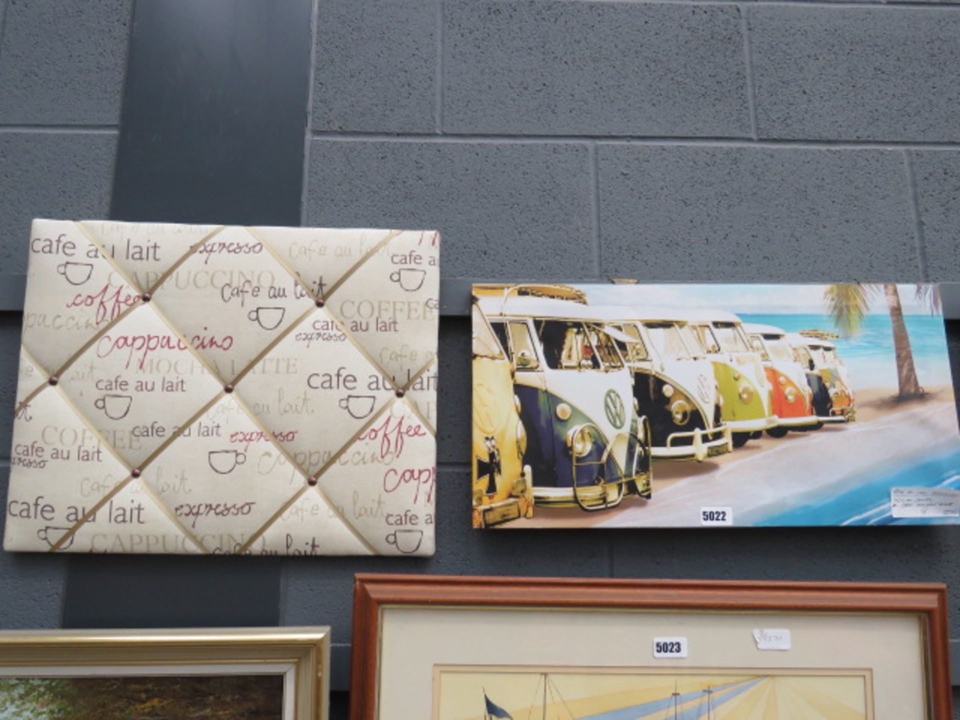 Modern wall hanging with VW camper vans, plus fabric cafe noticeboard