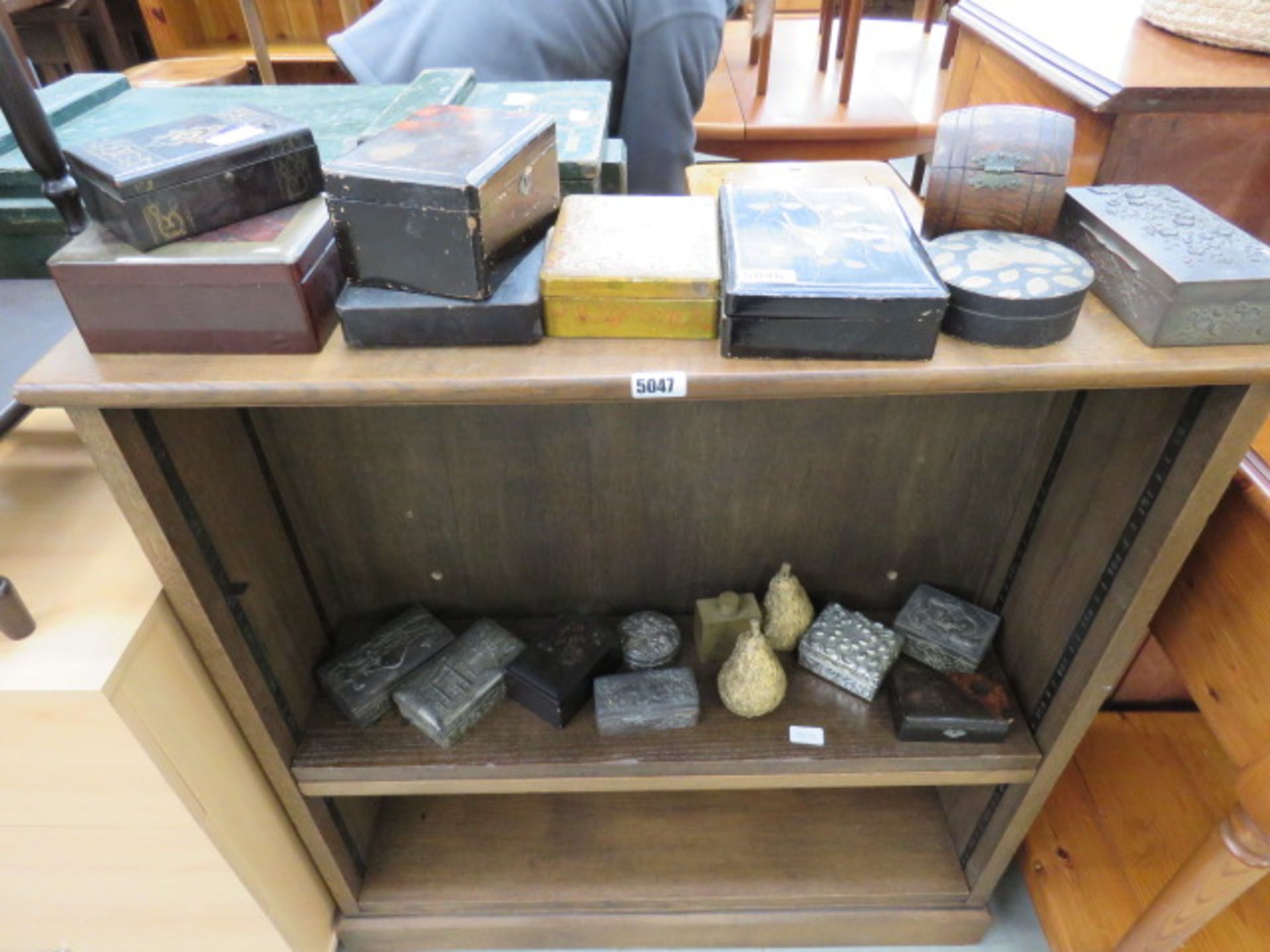 Large collection of ebonised and metal trinket and jewellery boxes