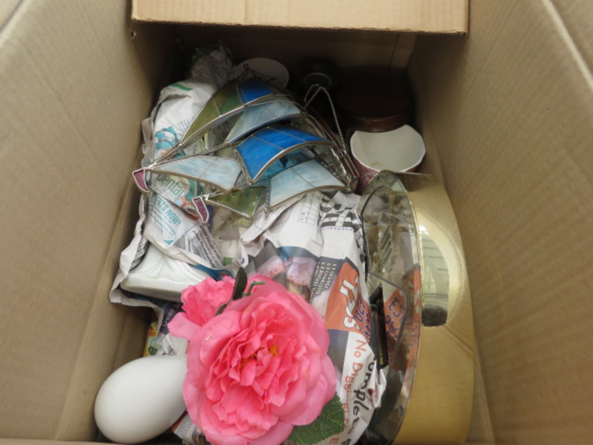 3 boxes and bag containing mini wicker baskets, quartz clock, ornamental ship, and crockery - Image 3 of 3