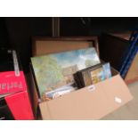 Box containing quantity of prints, paintings, and postcards and vintage suitcase