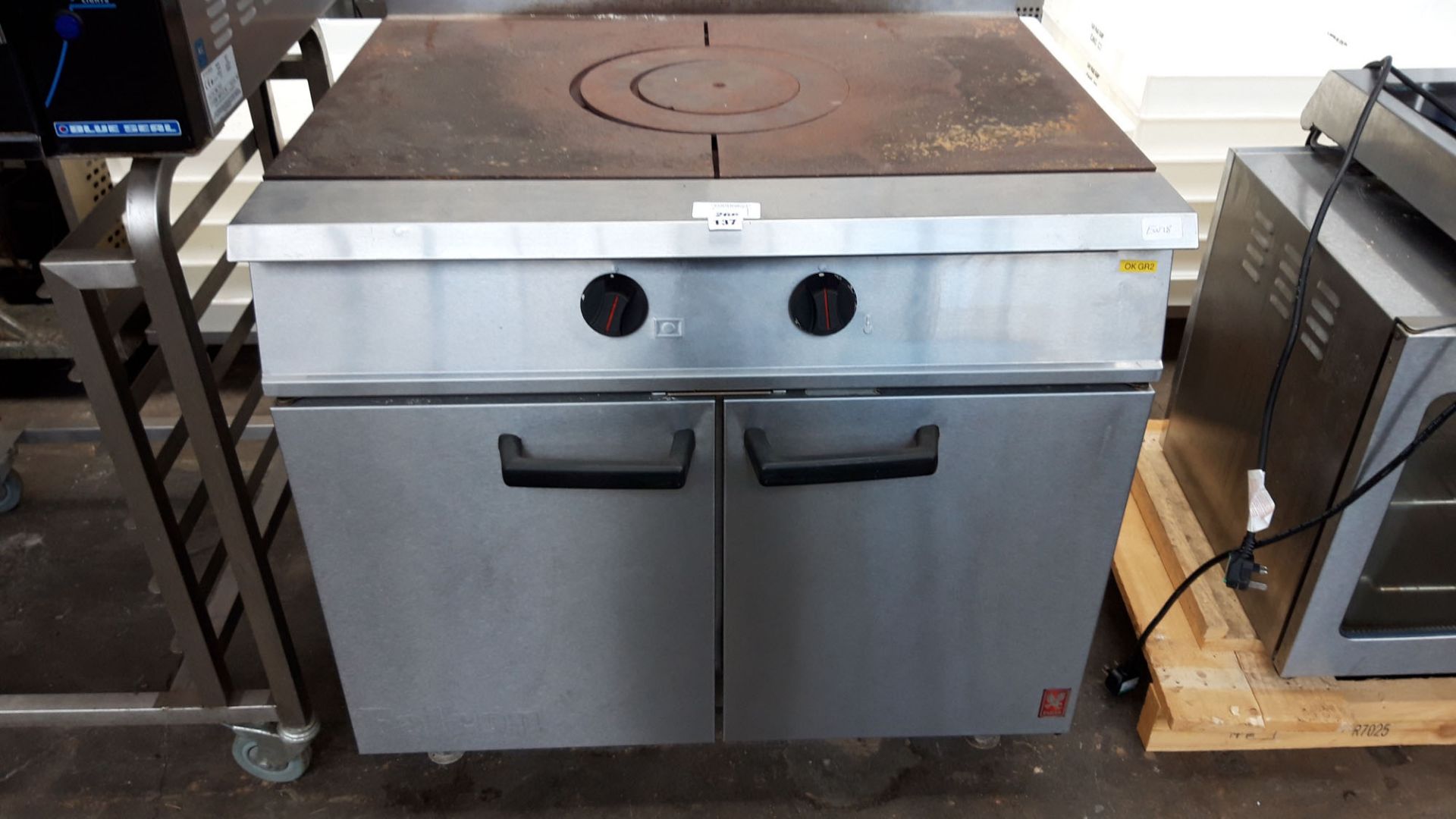 90cm gas Falcon solid top cooker with 2 door oven under