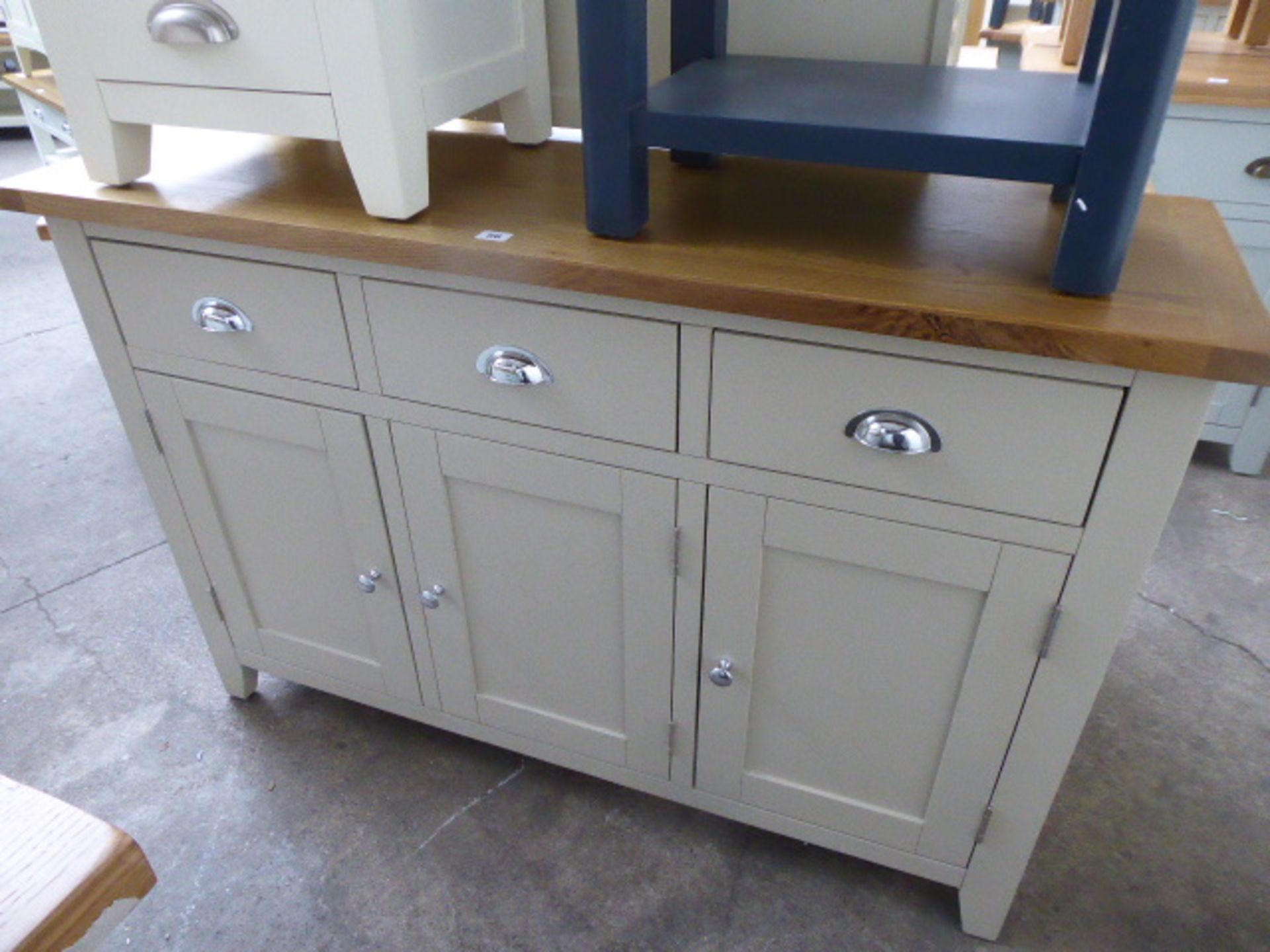 Grey painted and oak top medium sideboard with 3 drawers and 3 cupboards, 130cm wide