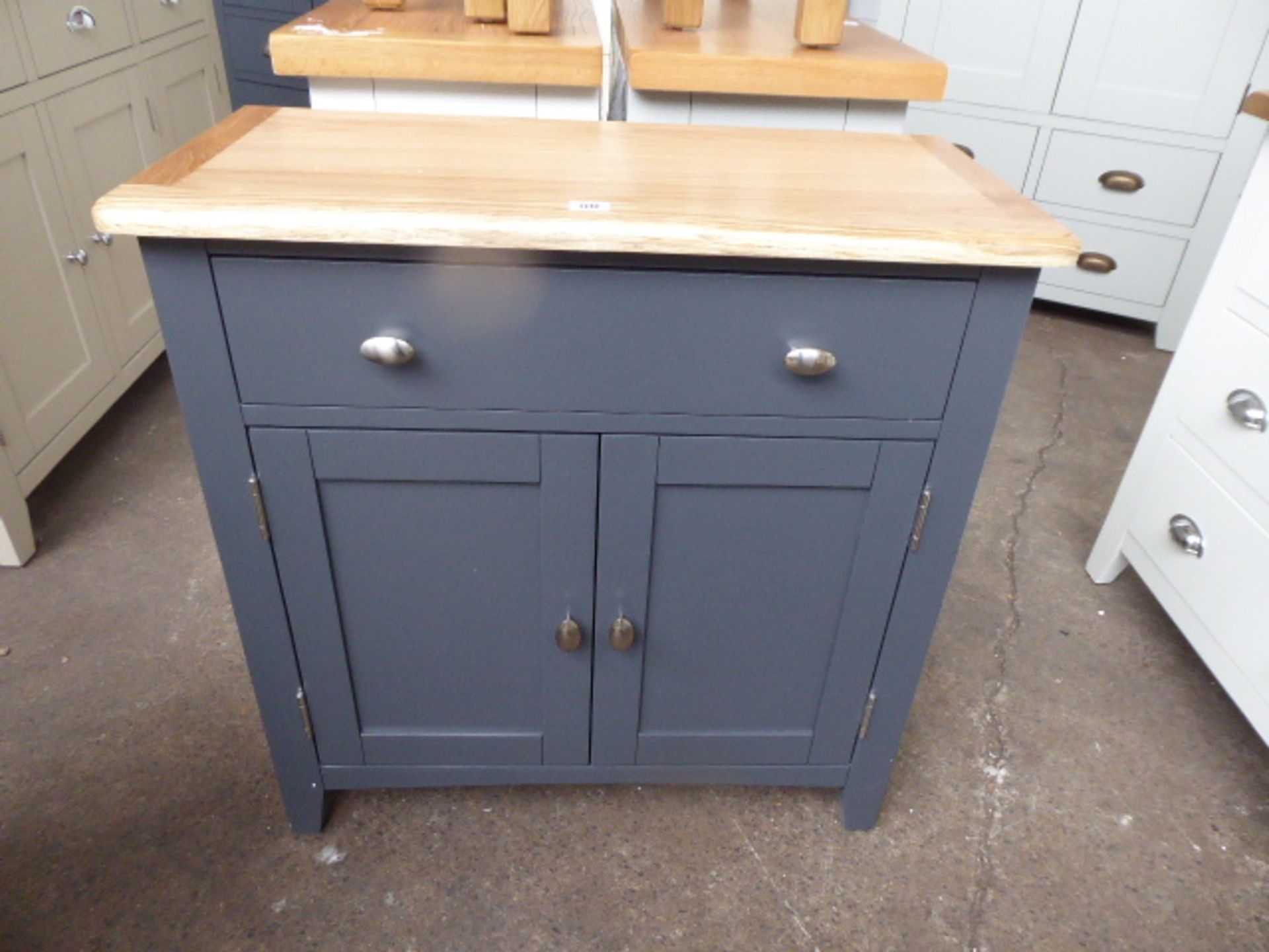 Blue painted oak top sideboard with single drawer and double door cupboard, 75cm wide