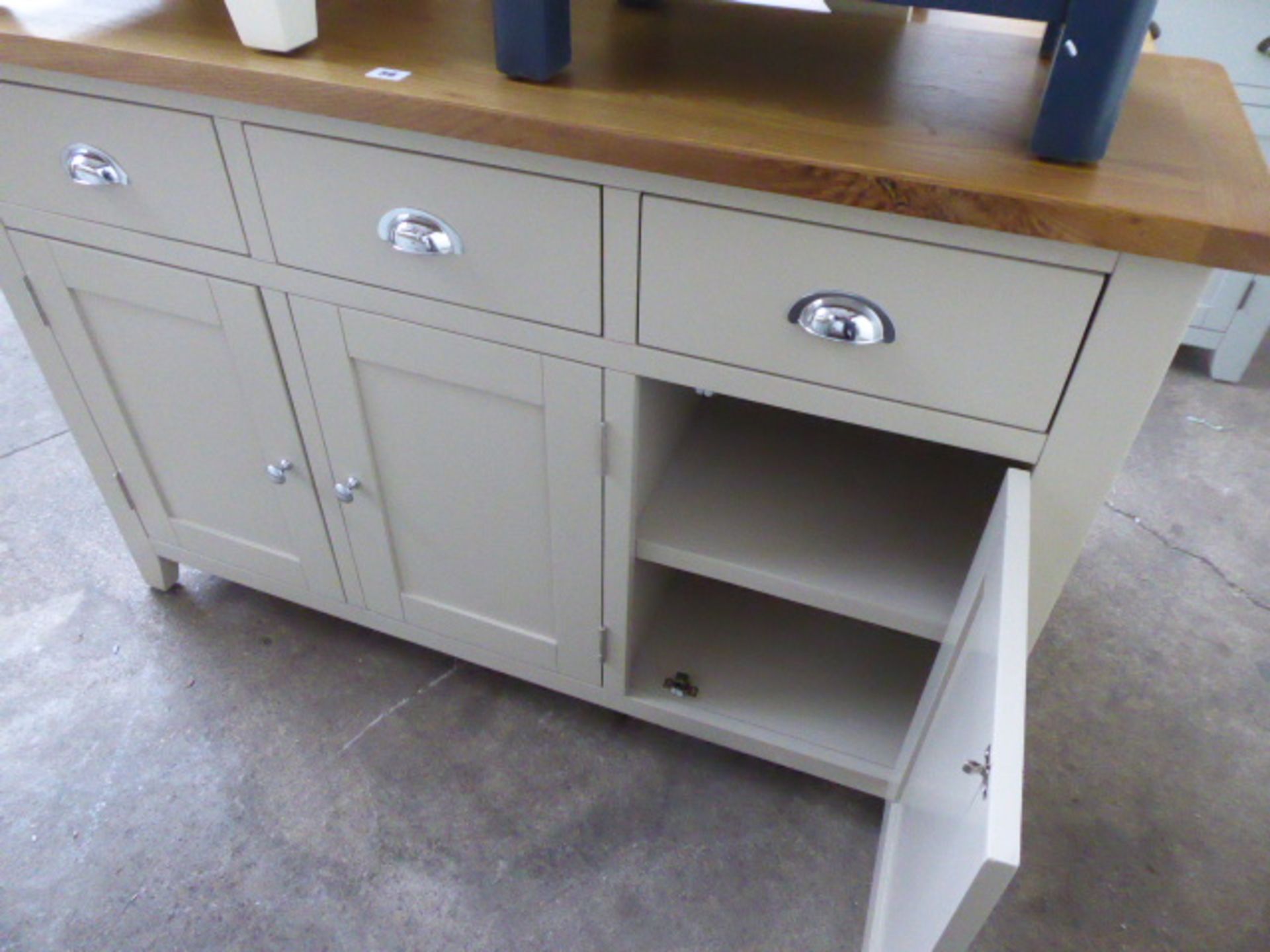 Grey painted and oak top medium sideboard with 3 drawers and 3 cupboards, 130cm wide - Image 3 of 3