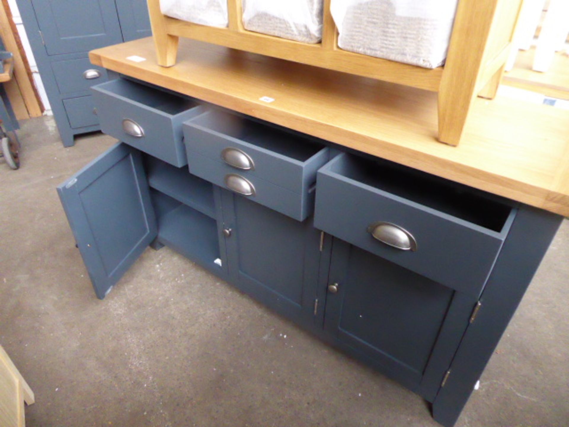 Blue painted and oak top medium sideboard with 3 drawers and 3 cupboards, 140cm - Image 2 of 4