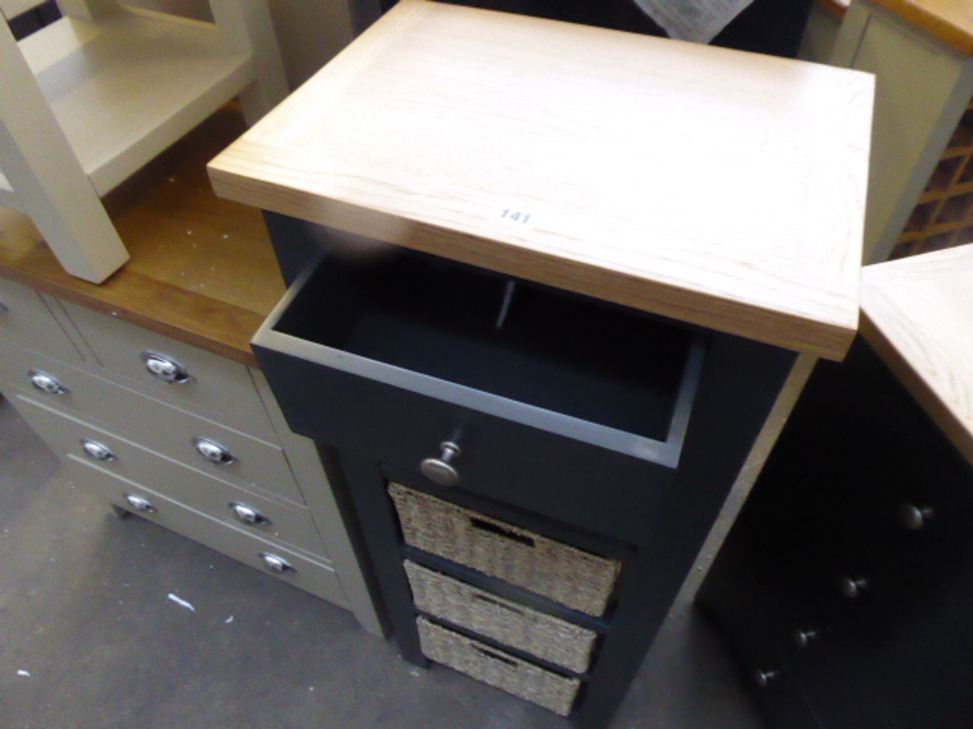 Blue painted oak top tall storage unit with single drawer, 4 shelves and 4 baskets, 45cm wide - Image 2 of 3