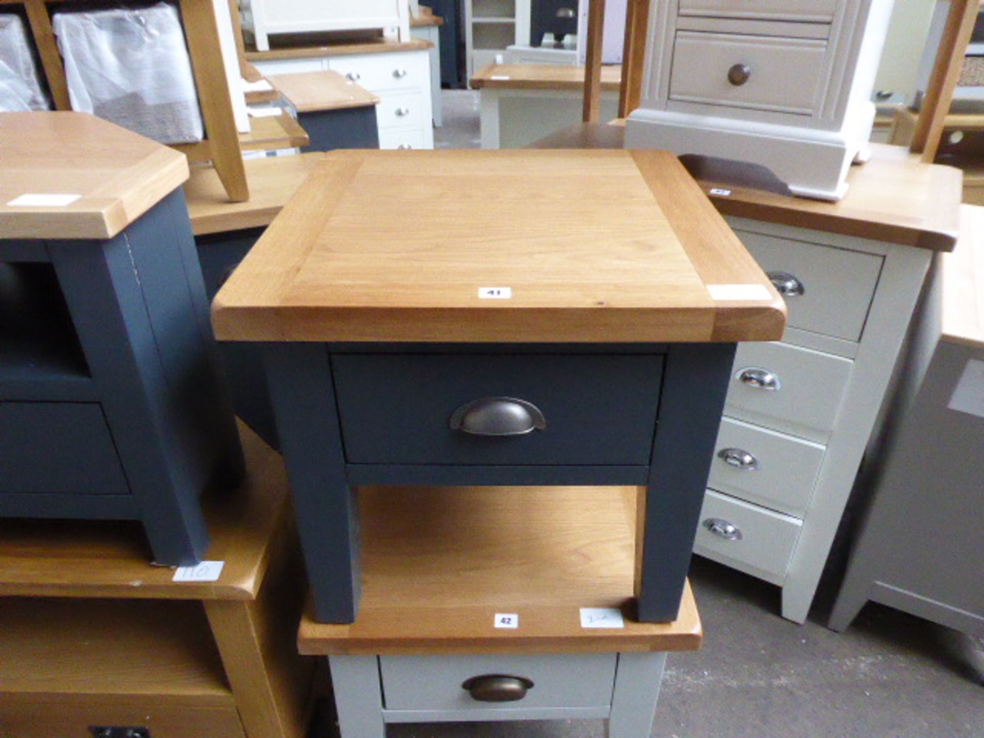 Blue painted oak top lamp table with single drawer