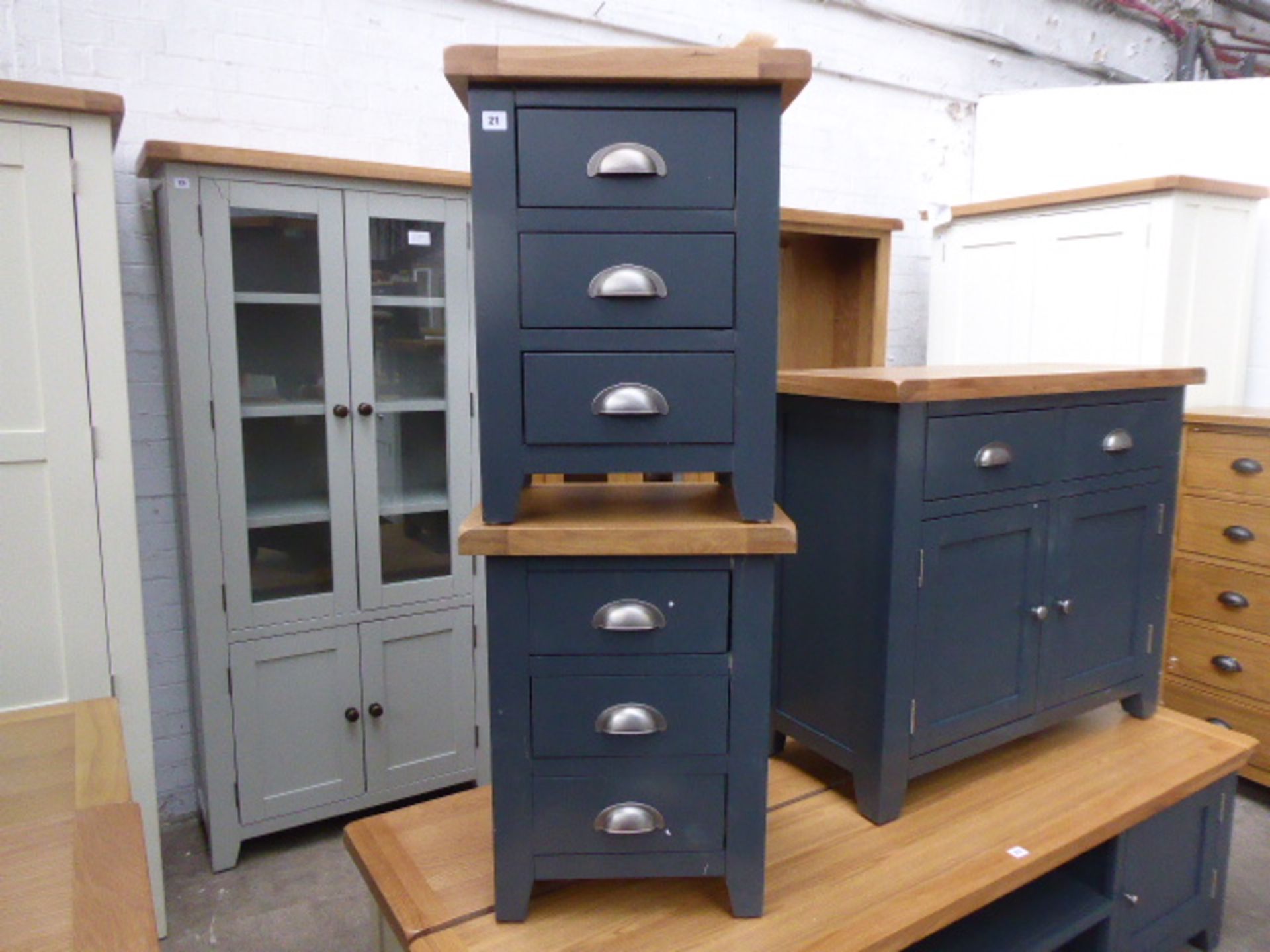 2 blue painted oak top 3 drawer bedside units, 47cm wide