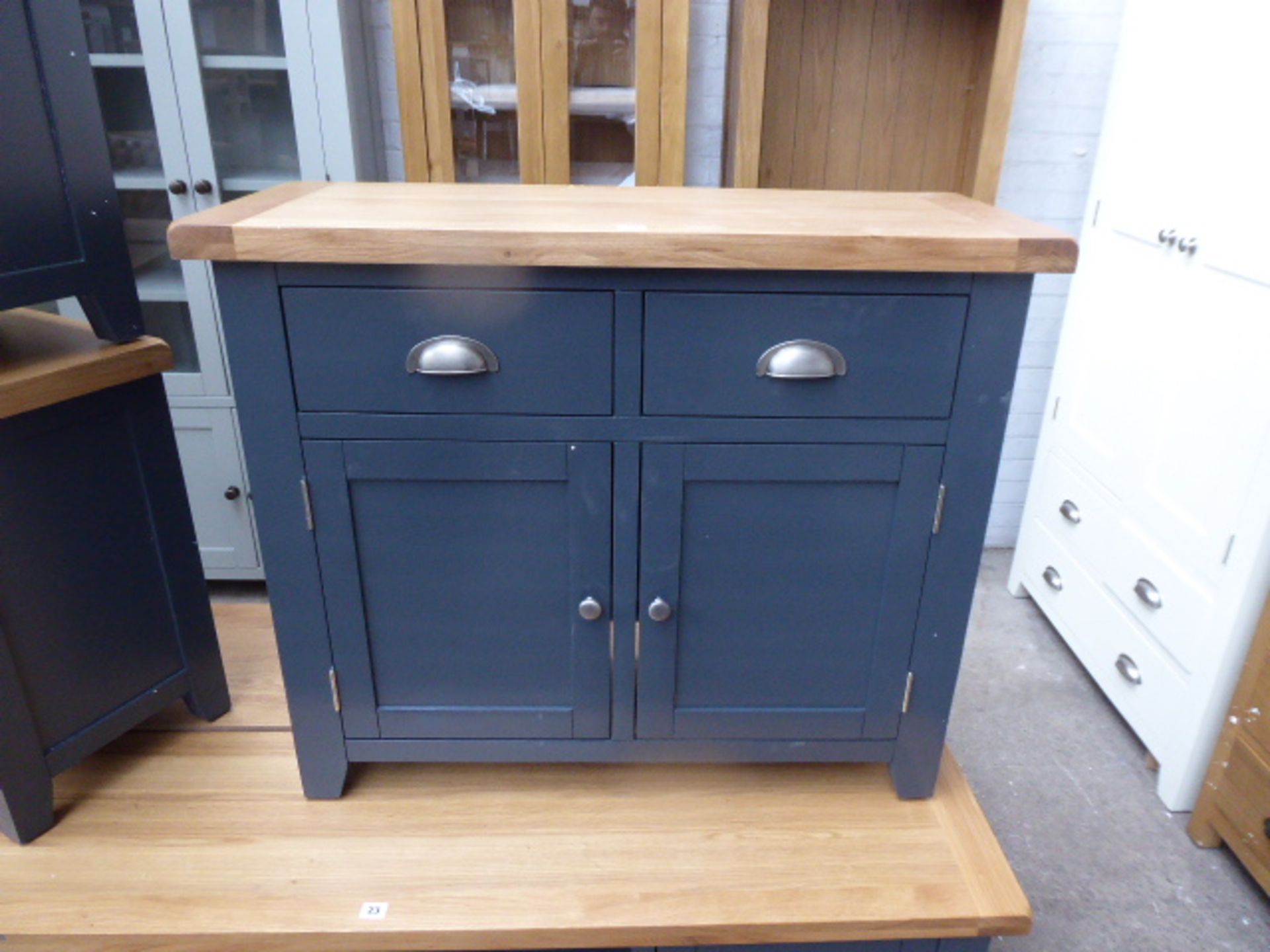 Blue painted oak top medium size sideboard with 2 drawers and 2 cupboards, 100cm wide