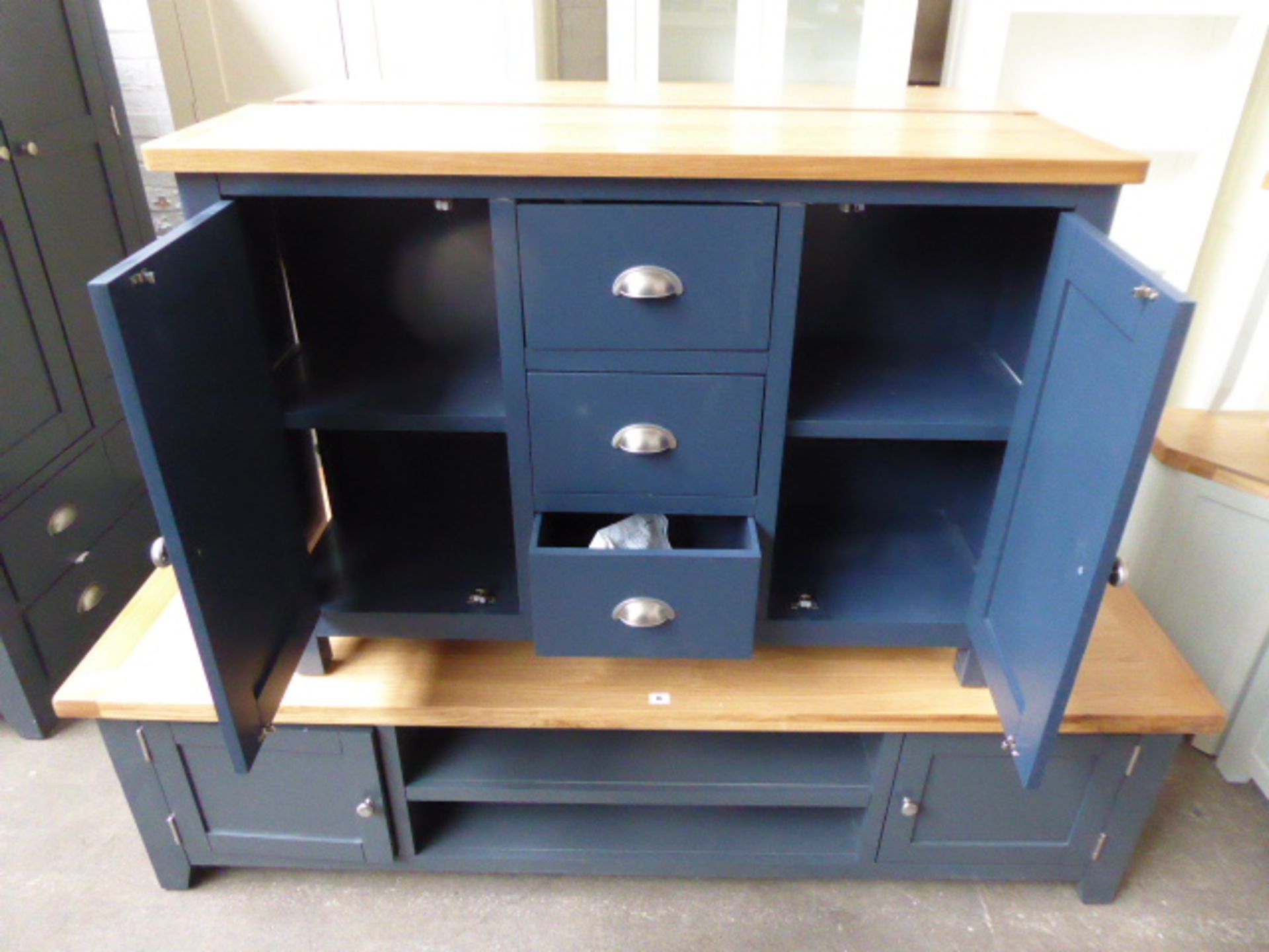 Blue painted and oak top medium sideboard with 3 drawers and 2 cupboards, 115cm wide - Image 2 of 5