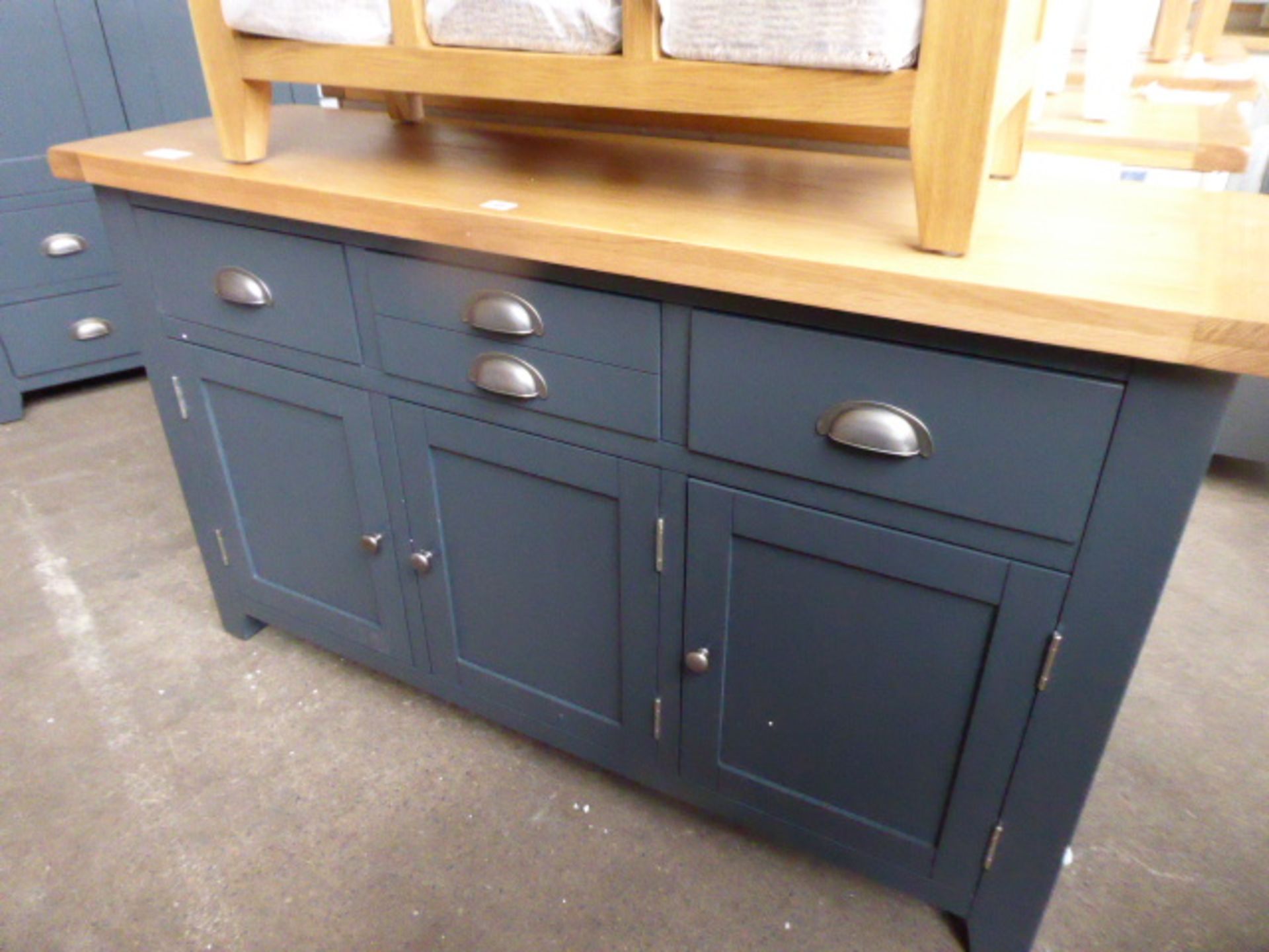 Blue painted and oak top medium sideboard with 3 drawers and 3 cupboards, 140cm