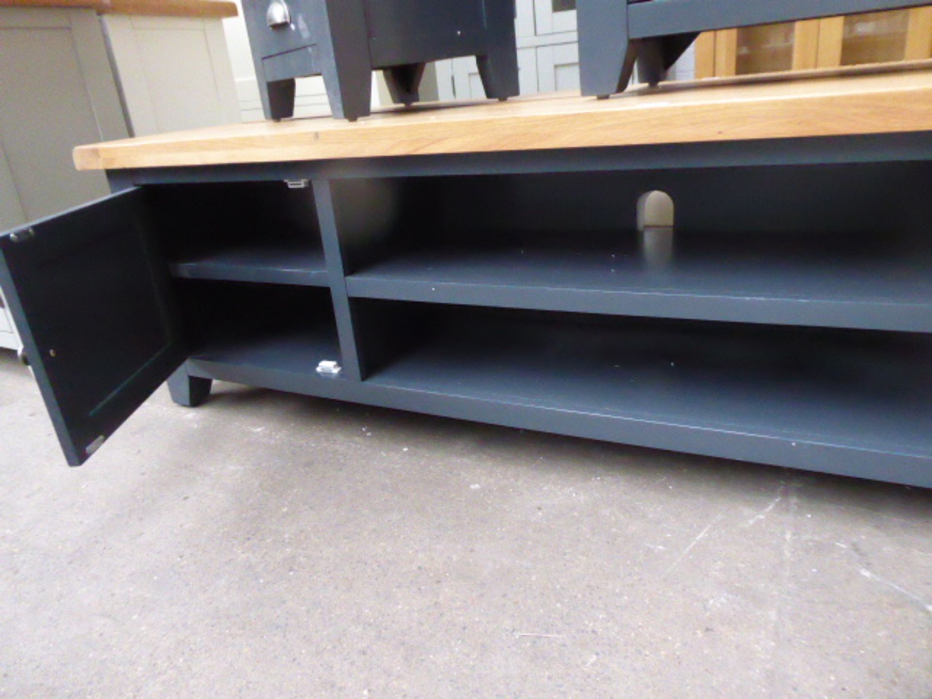 Blue painted and oak top large TV unit with 2 shelves and 2 cupboards, 180cm wide - Image 2 of 2