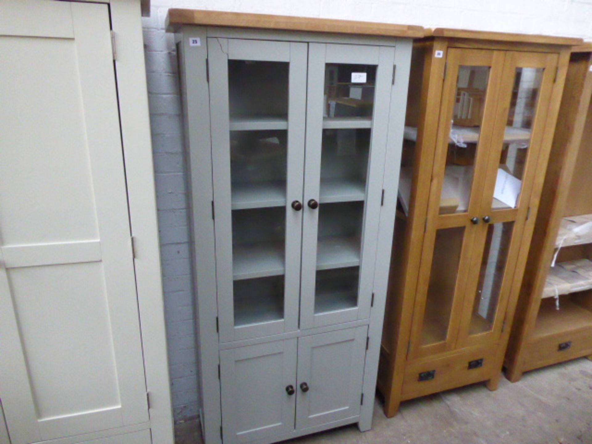 Grey painted oak top glazed 2 door display cabinet with double cupboard under, 85cm wide