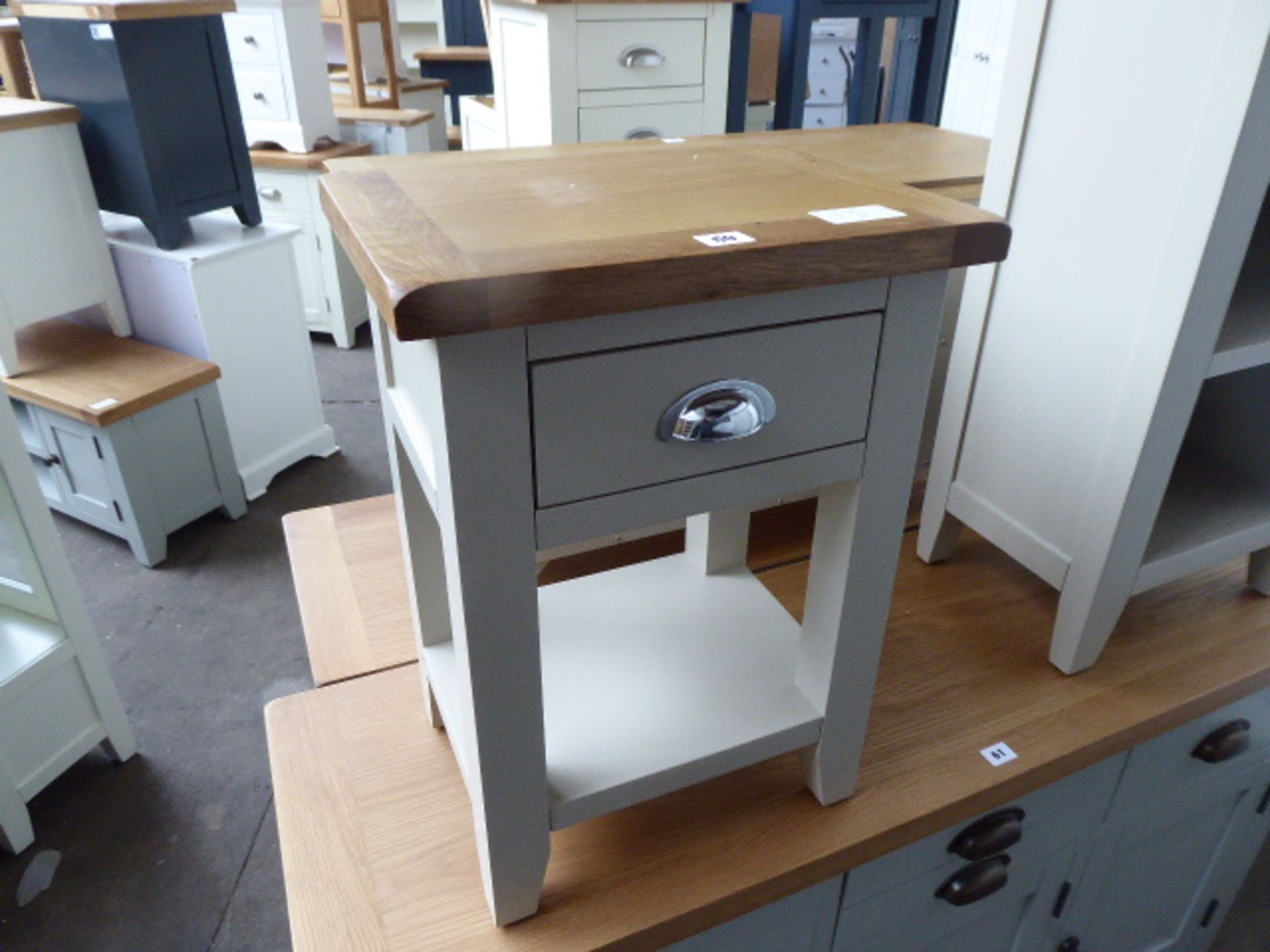 Grey painted oak top single drawer bedside unit, 40cm wide