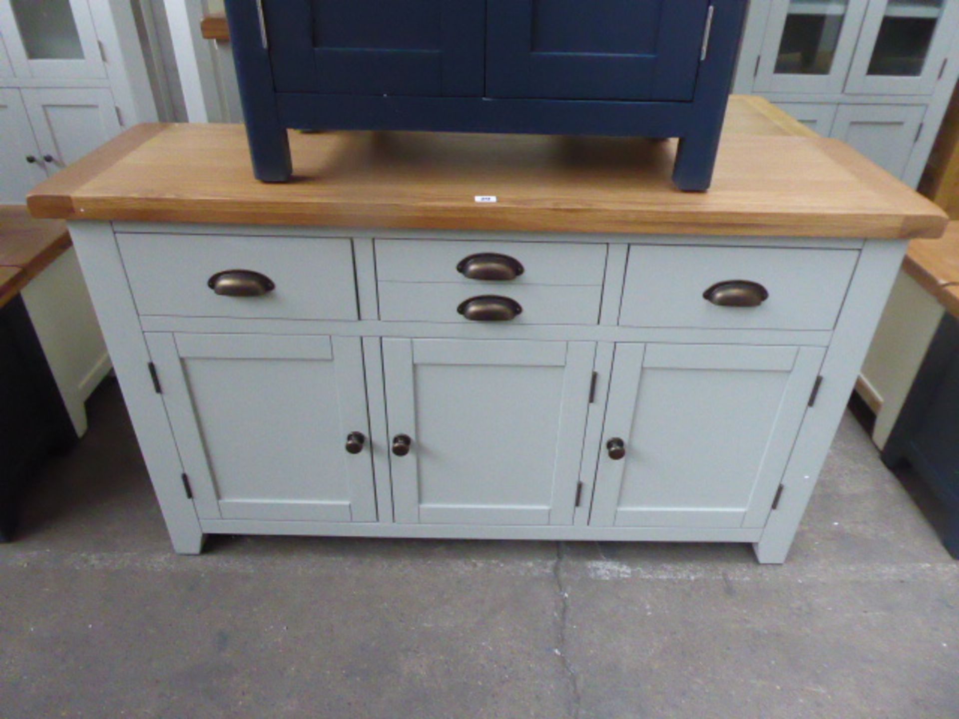 Grey painted and oak top sideboard with 3 drawers and 3 cupboards, 140cm wide