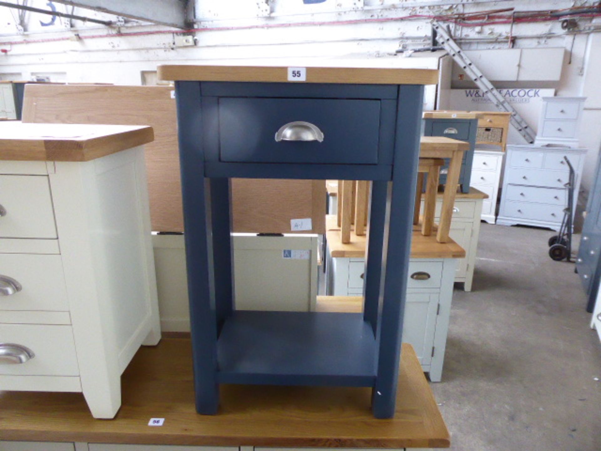 Blue painted oak top telephone table, 50cm wide