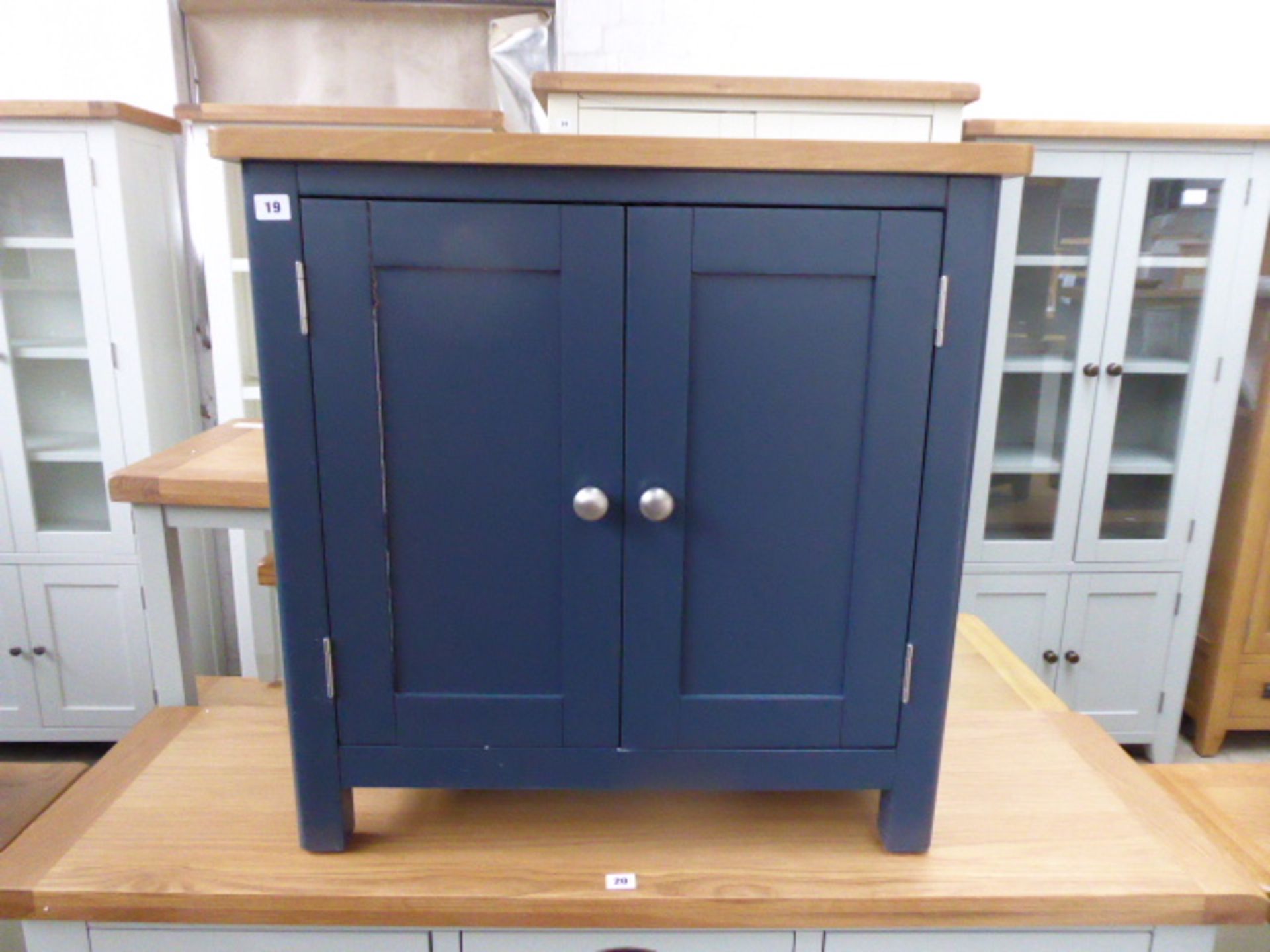 Blue painted oak top double door cupboard, 75cm wide